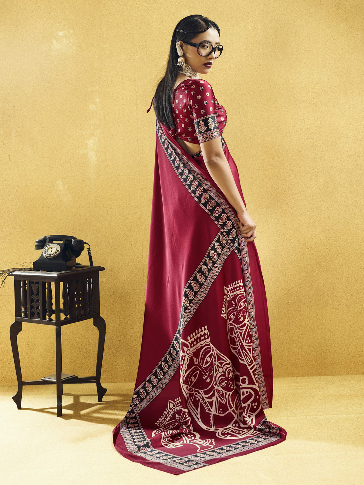 Maroon satin saree view 1