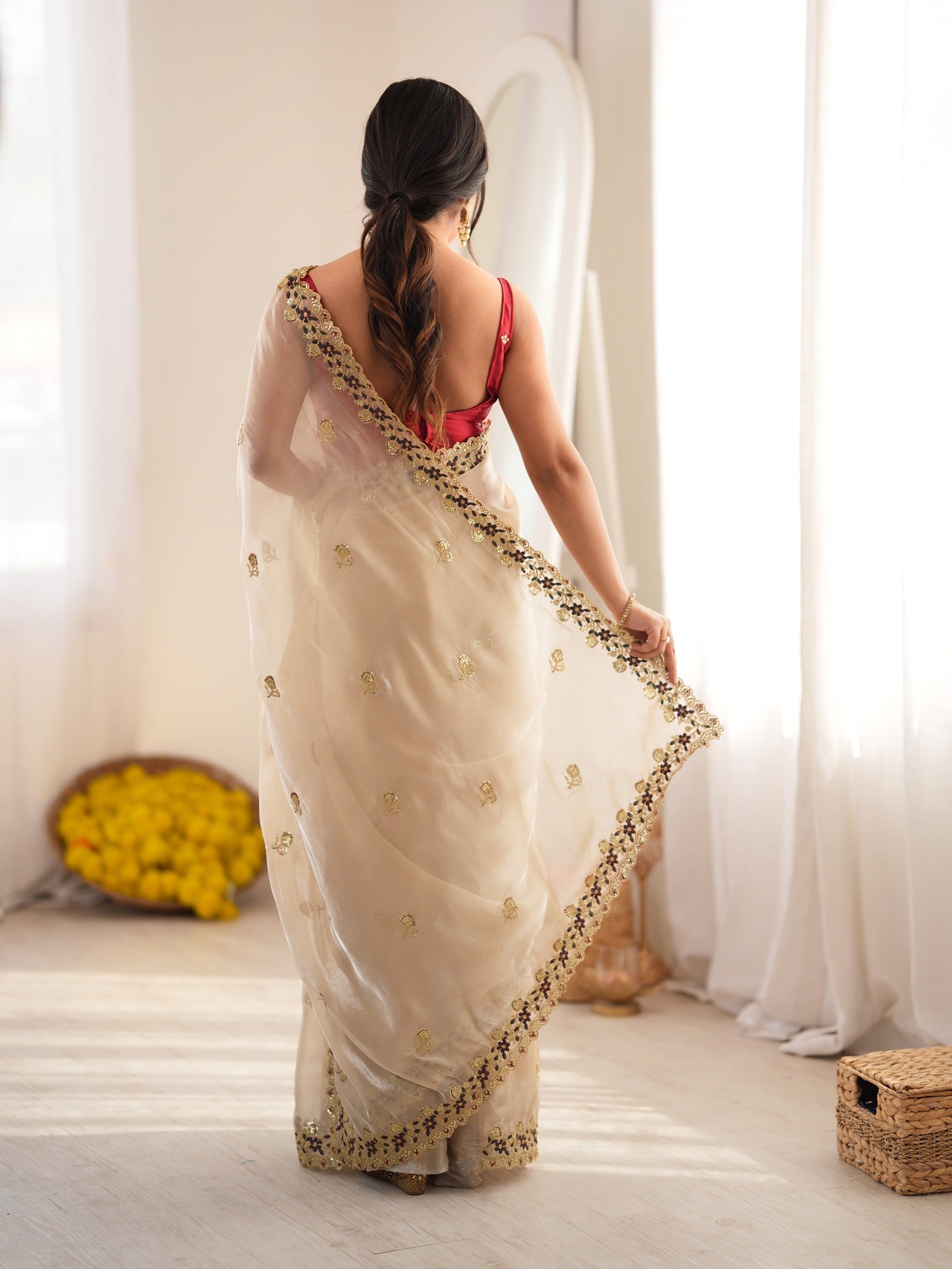 Beige Satin saree – detail view 2