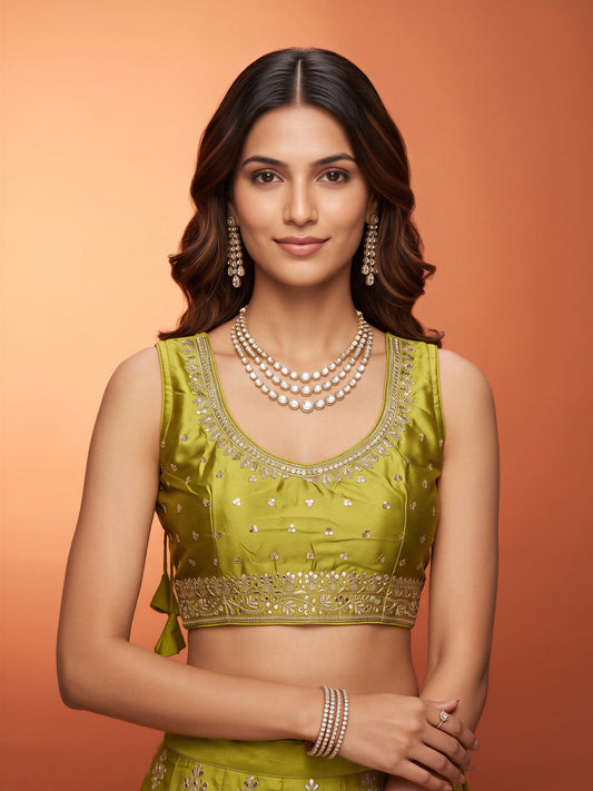 Lime Green sequin embellished silk blend sleeveless readymade saree blouse with round neck