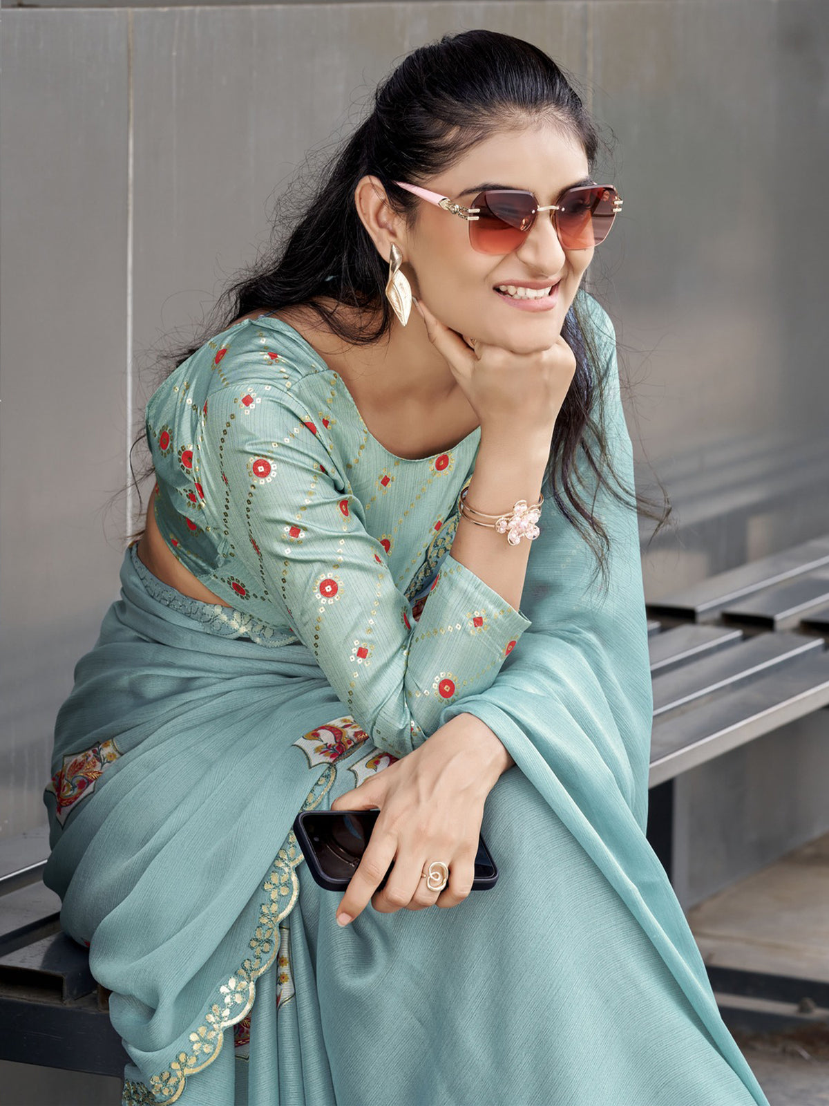 Aqua Blue chiffon saree view 1