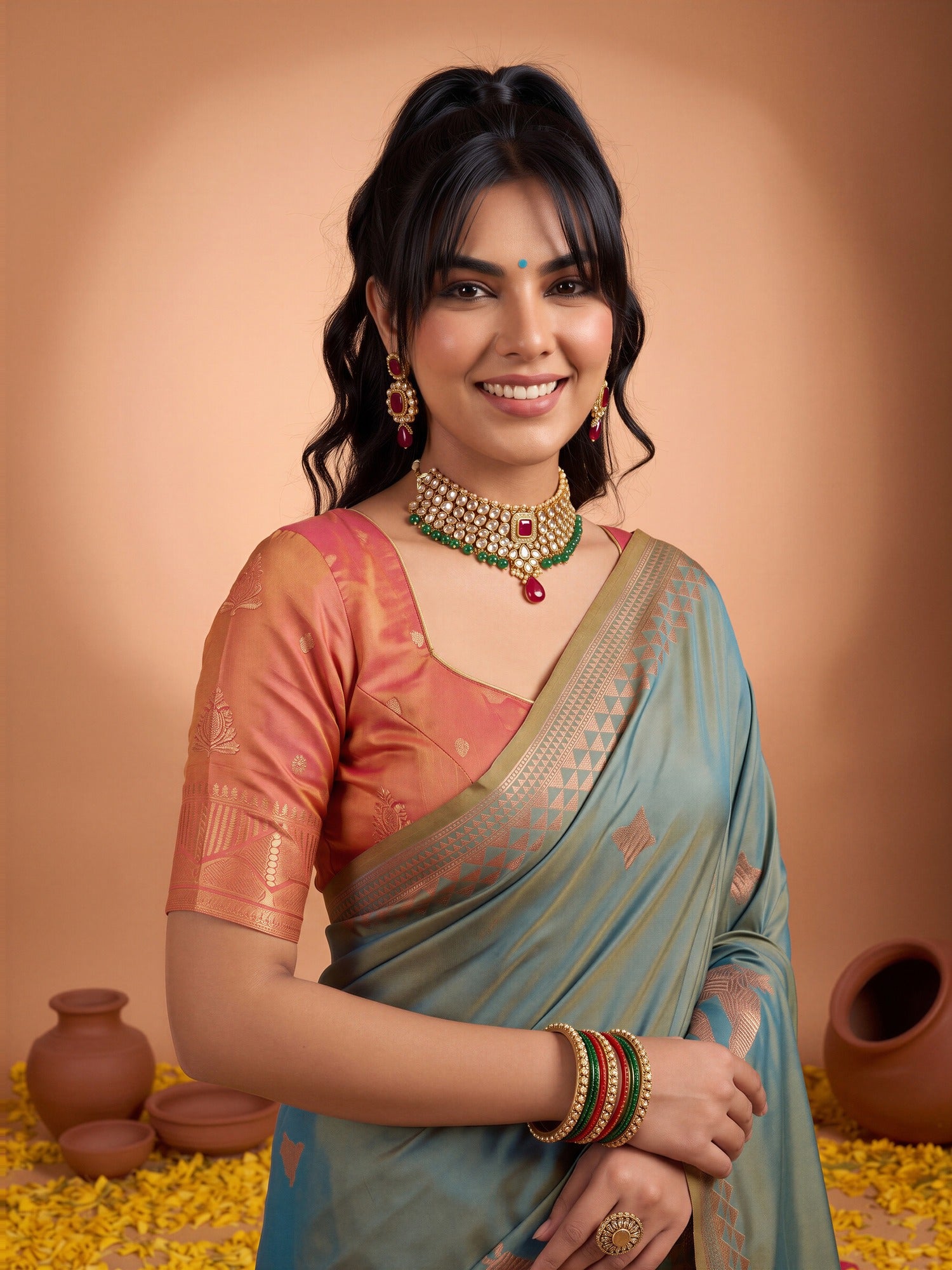 Teal Blue Silk saree – detail view 4