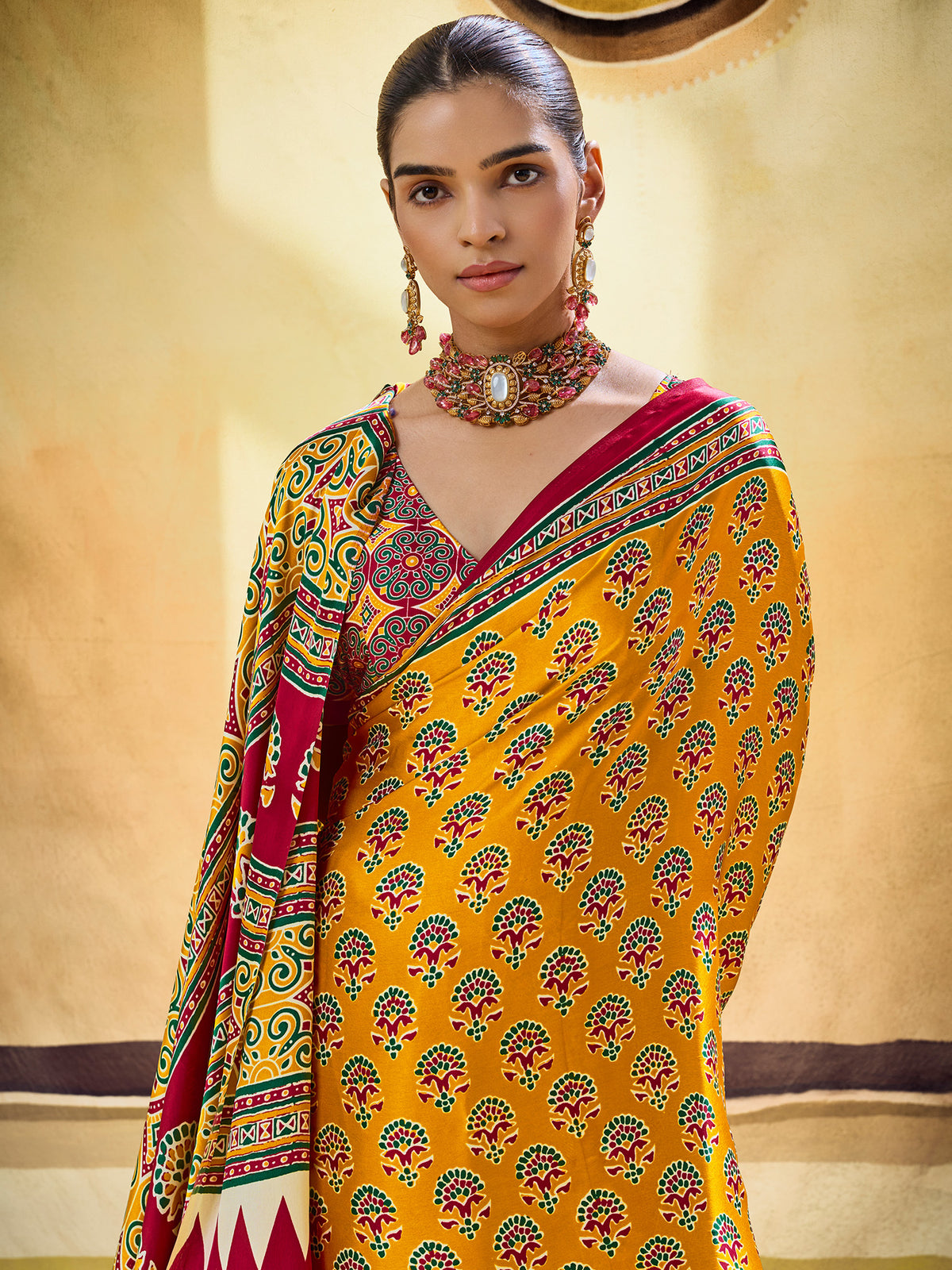 Mustard Satin saree – detail view 4