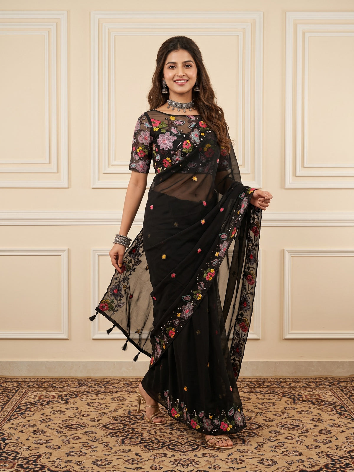 Black Georgette saree – detail view 3