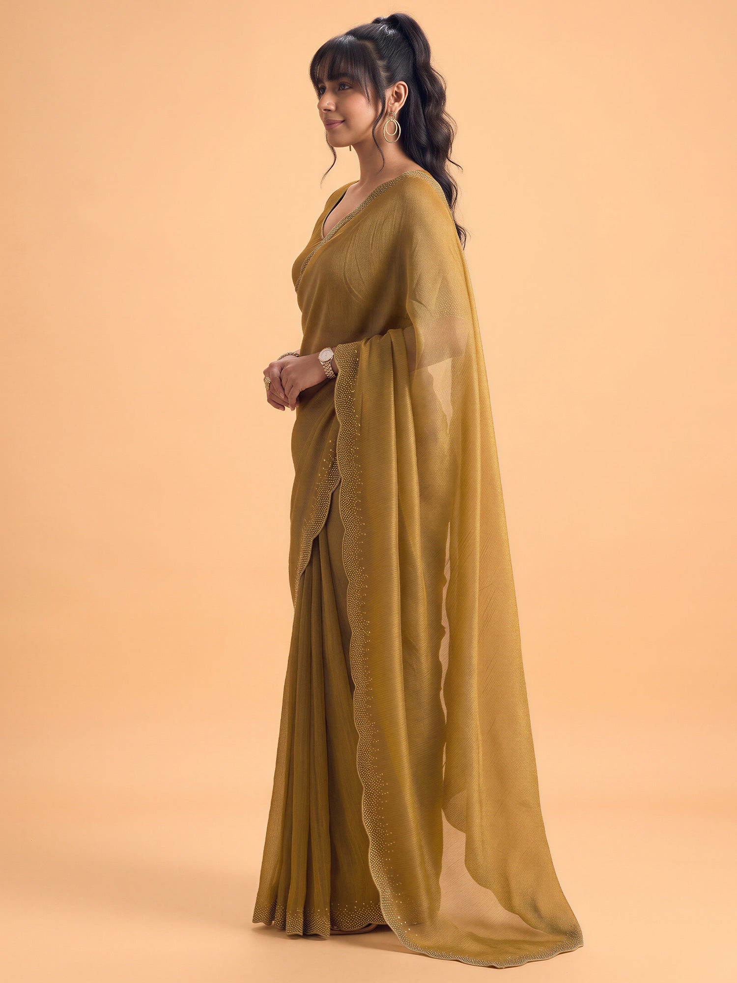 Gold Satin Silk saree – detail view 2