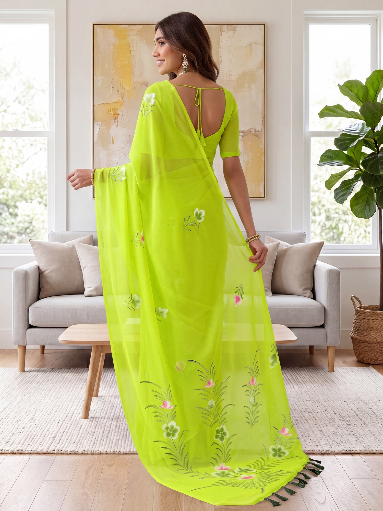 Lime Green Georgette saree – detail view 1