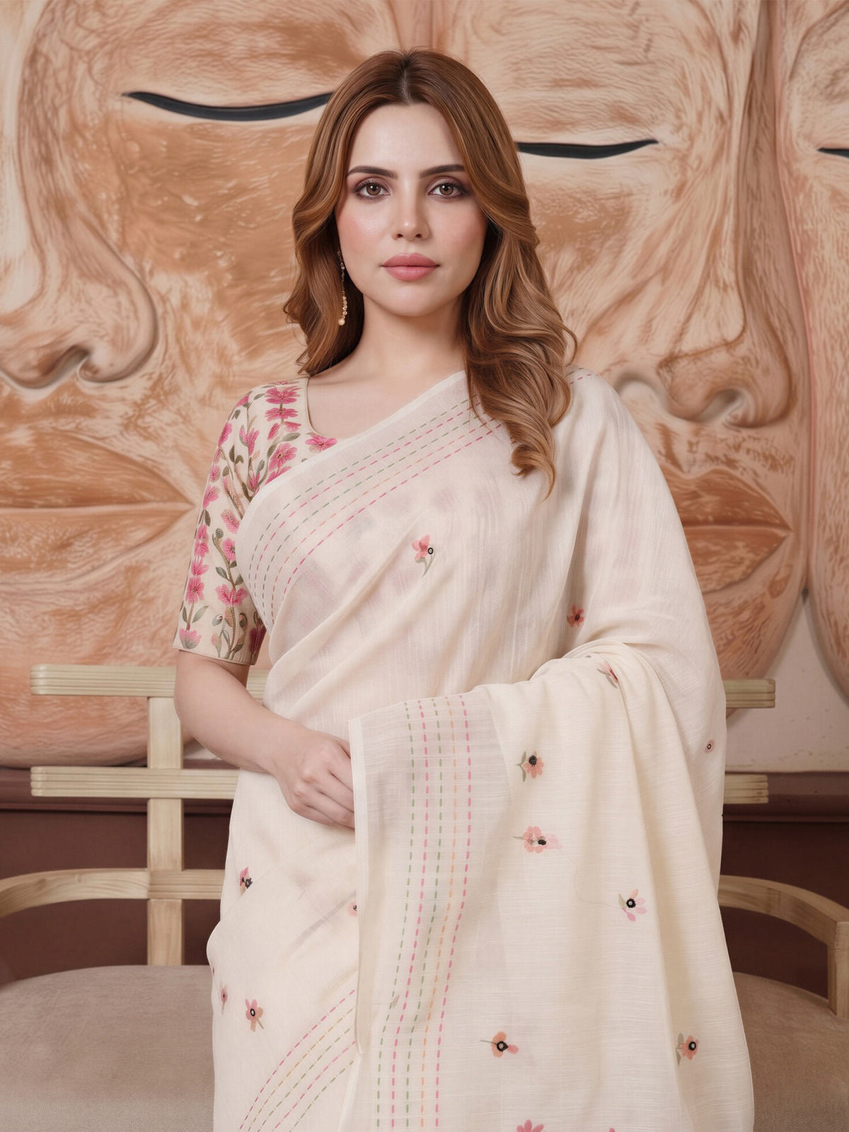 Cream linen saree view 4