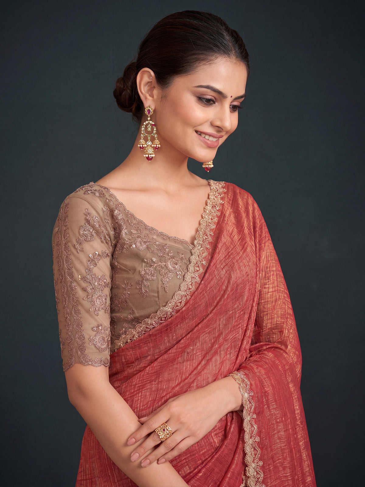 Rust Georgette saree – detail view 4