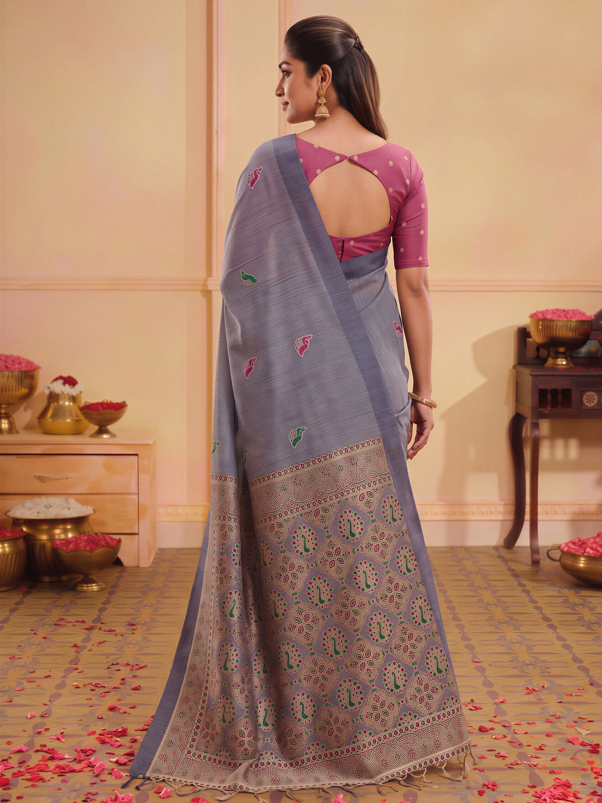 Grey Melange silk blend saree view 1
