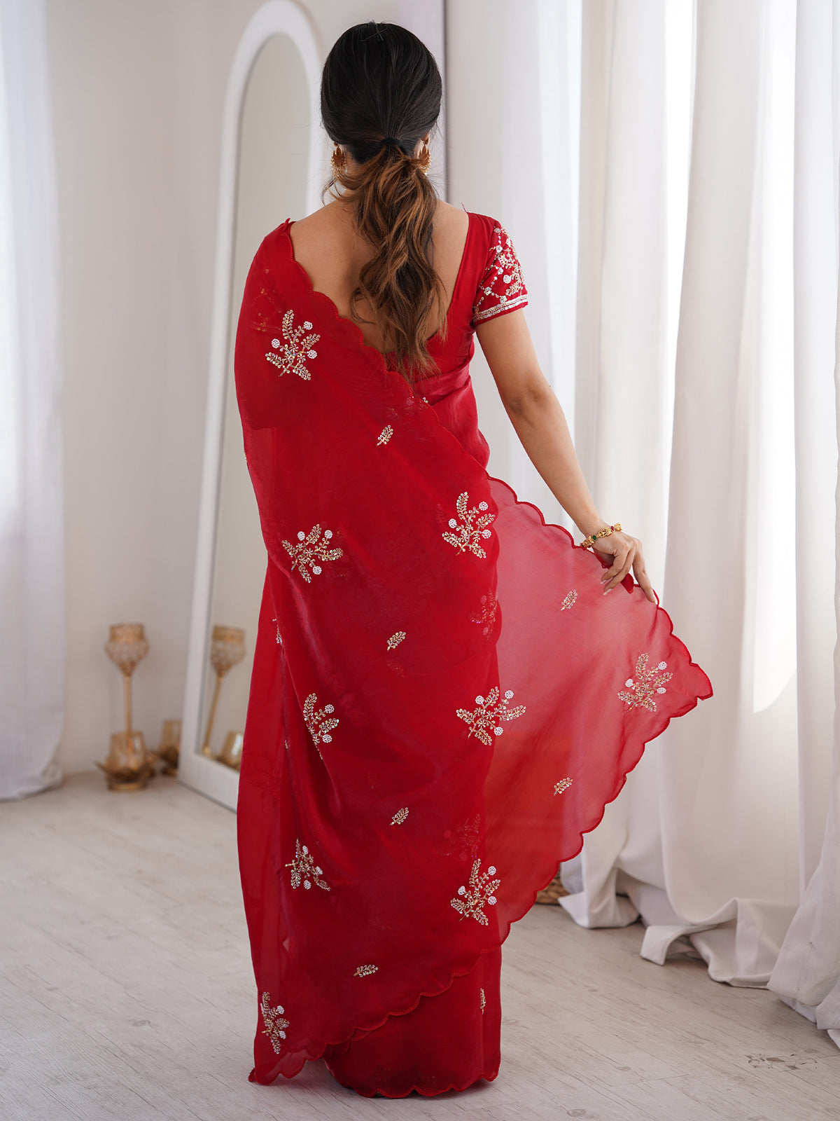 Red Satin saree – detail view 1