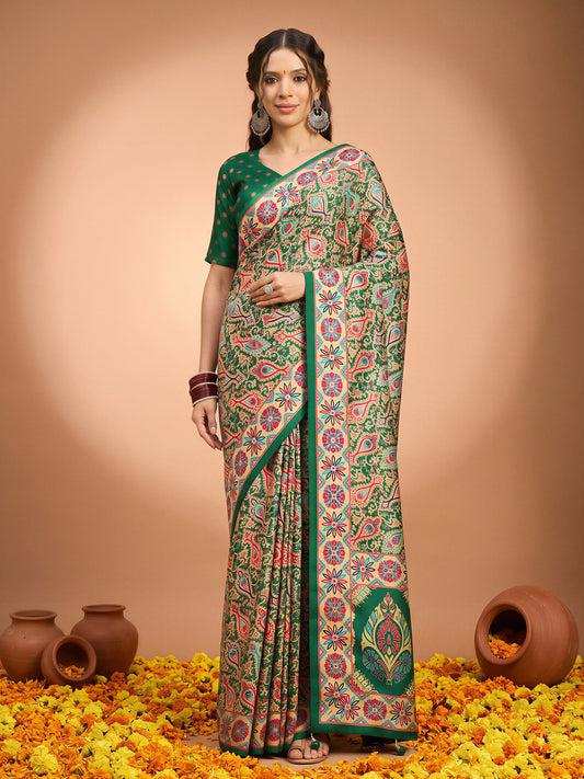 Woman wearing assorted silk blend saree with metallic foil print work and green blouse