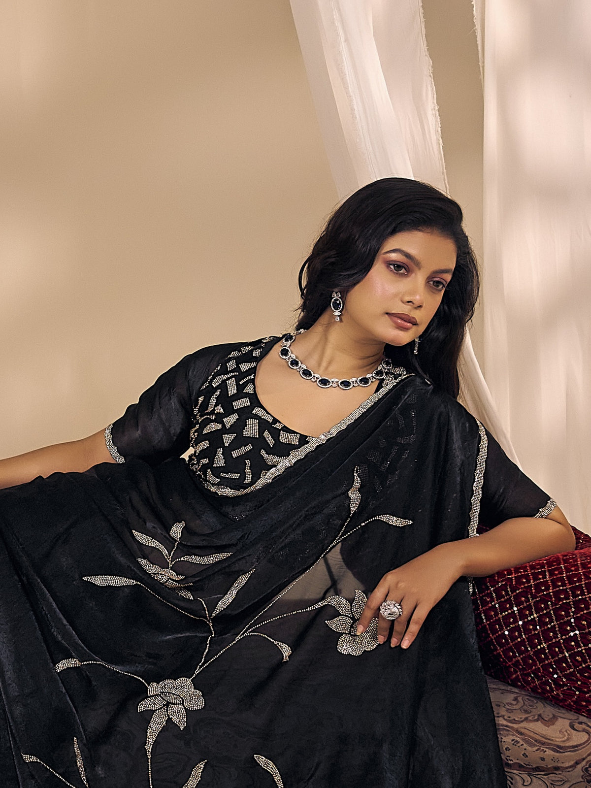 Black satin silk saree view 3