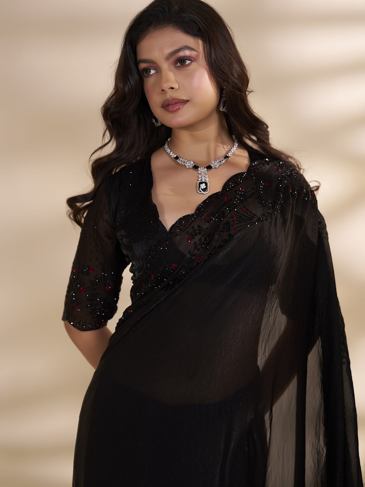 Black satin silk saree view 4