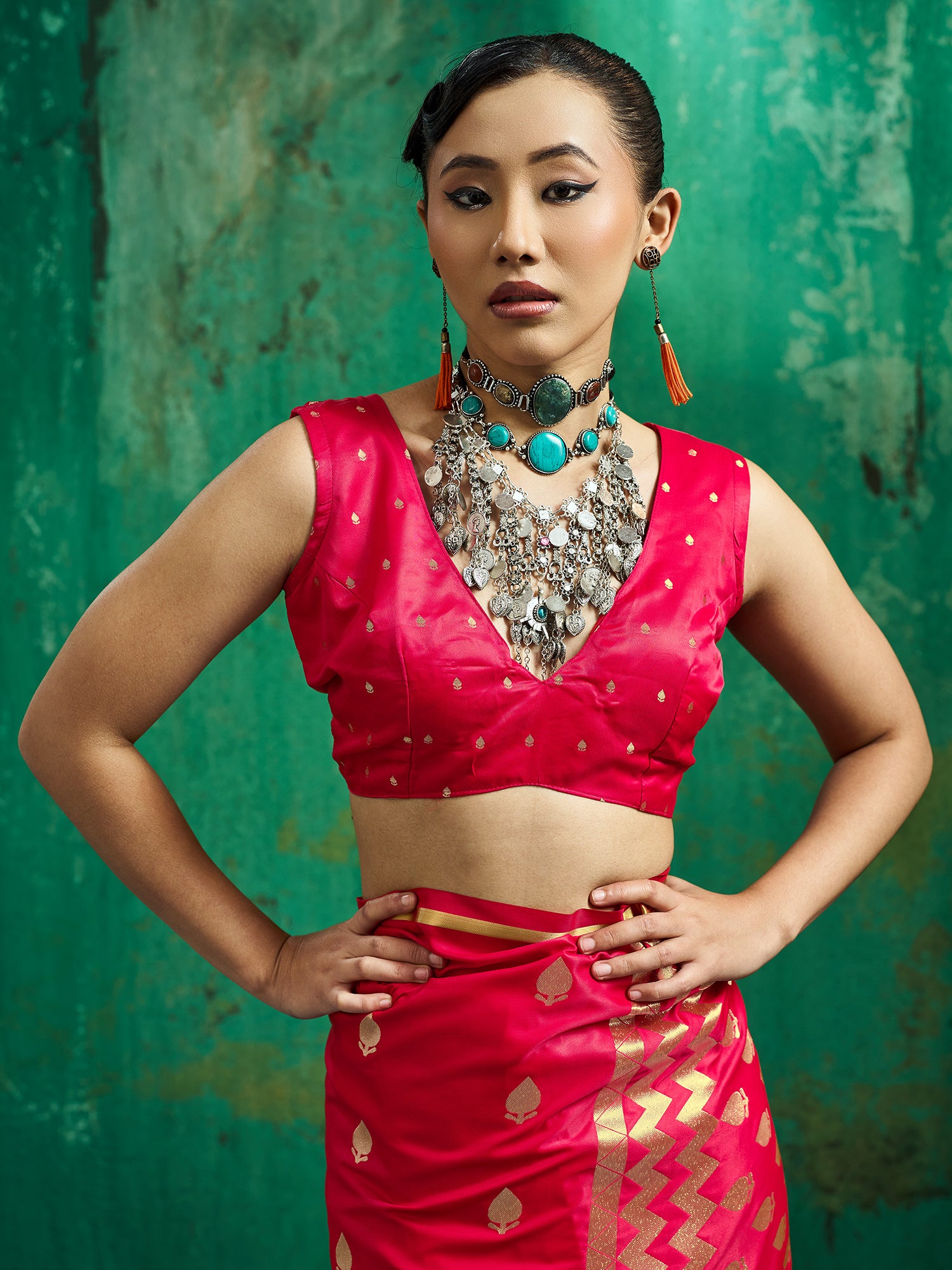 Unstitched red satin silk blouse piece with zari butta design