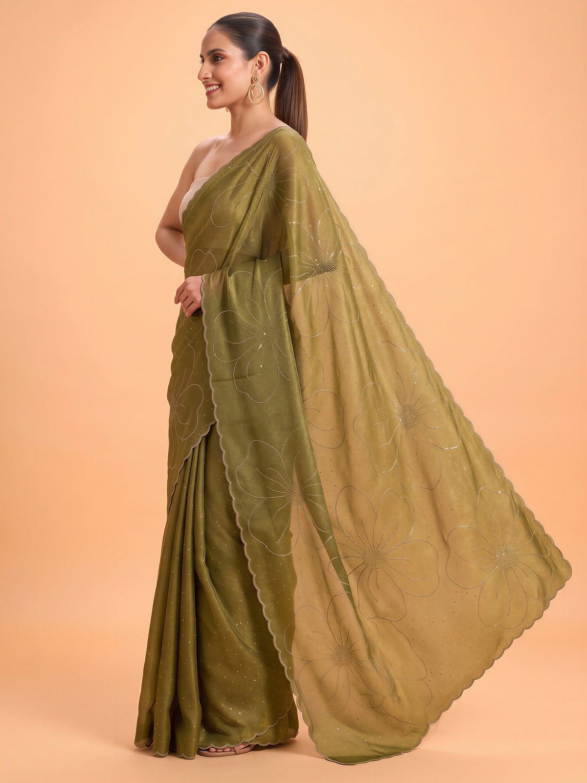 Olive Satin Silk saree – detail view 2