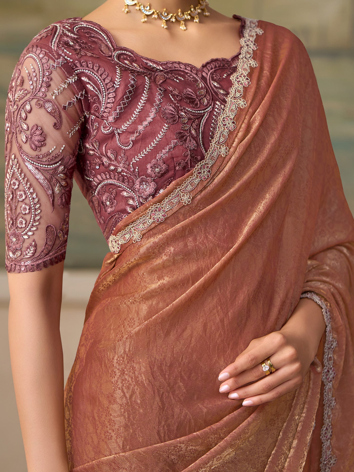 Rust Georgette saree – detail view 3