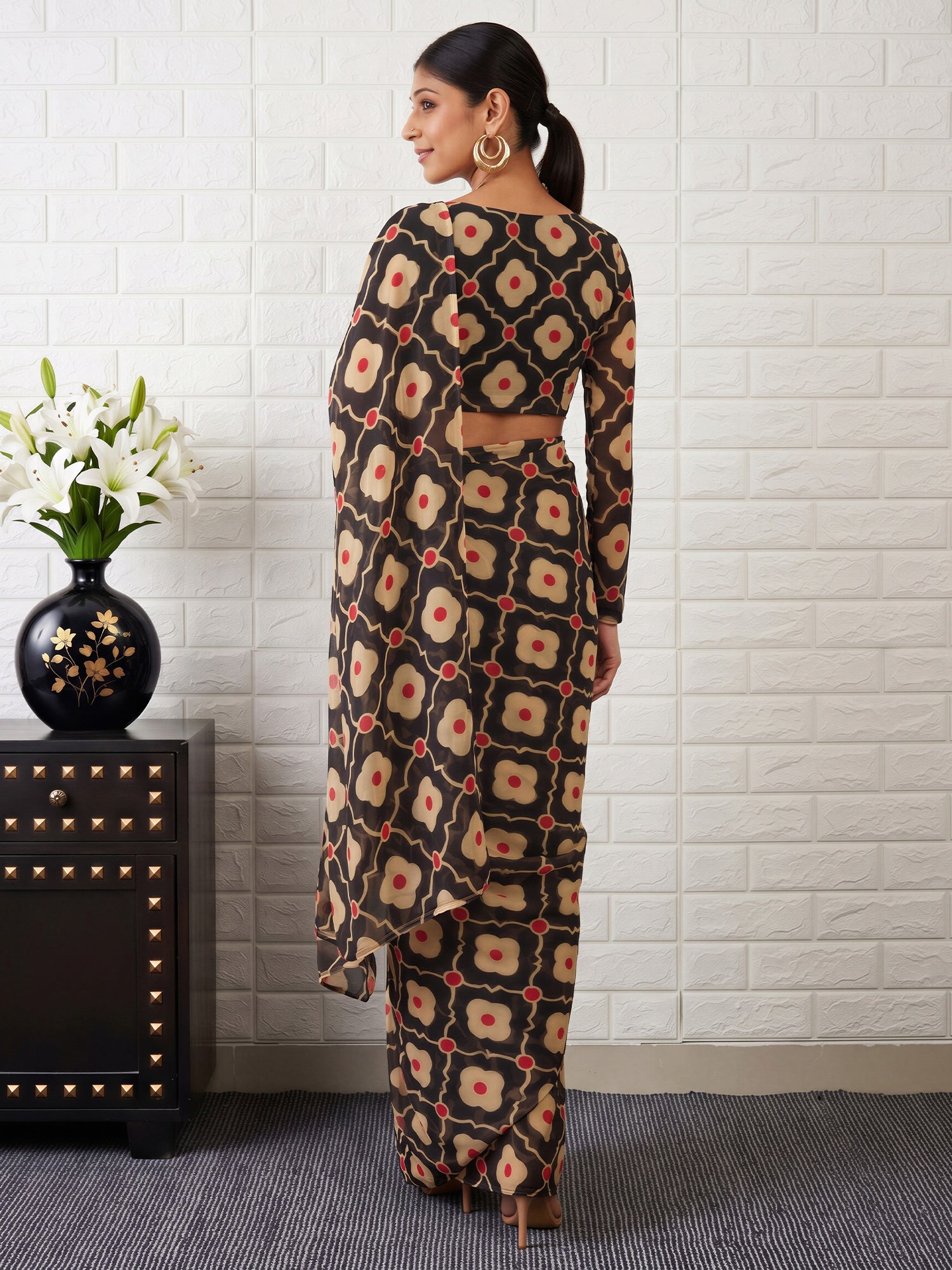 Black Satin saree – detail view 1