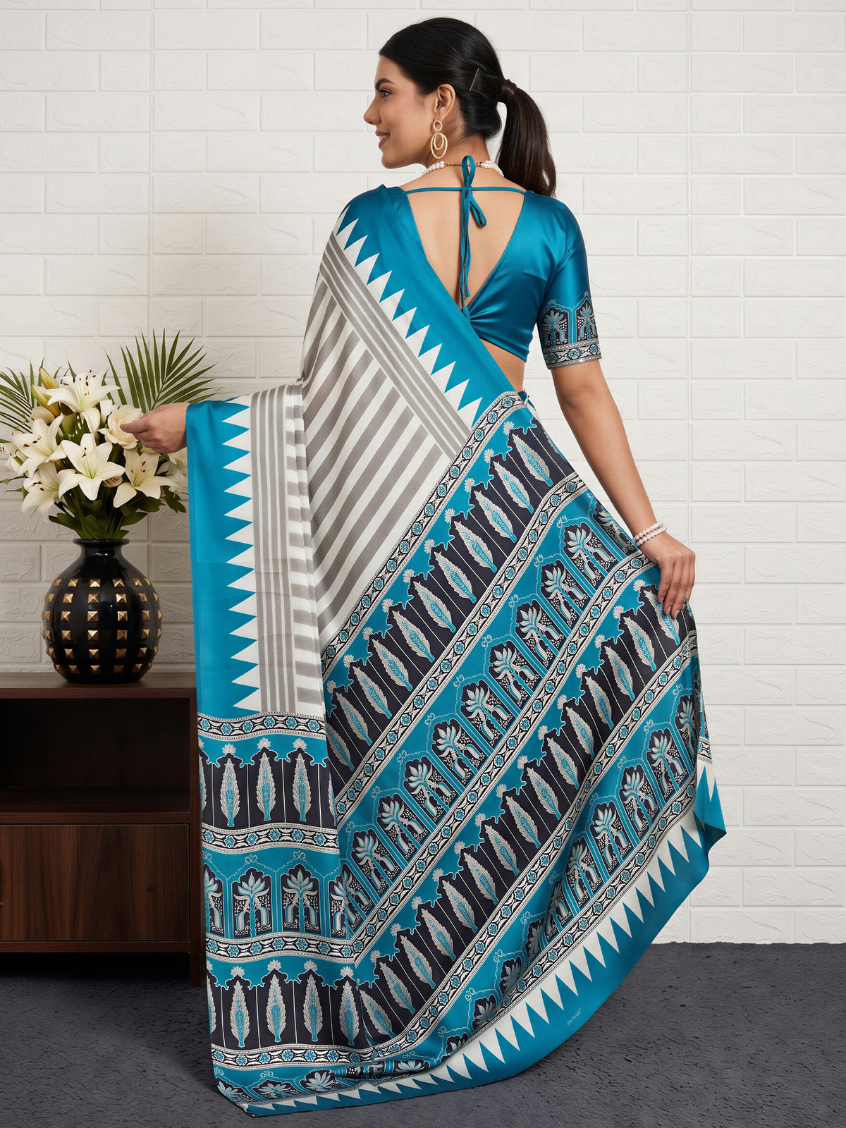Teal Blue Satin saree – detail view 1
