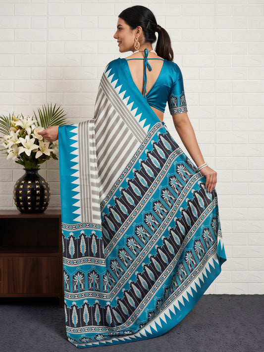 Teal Blue Satin saree – detail view 1