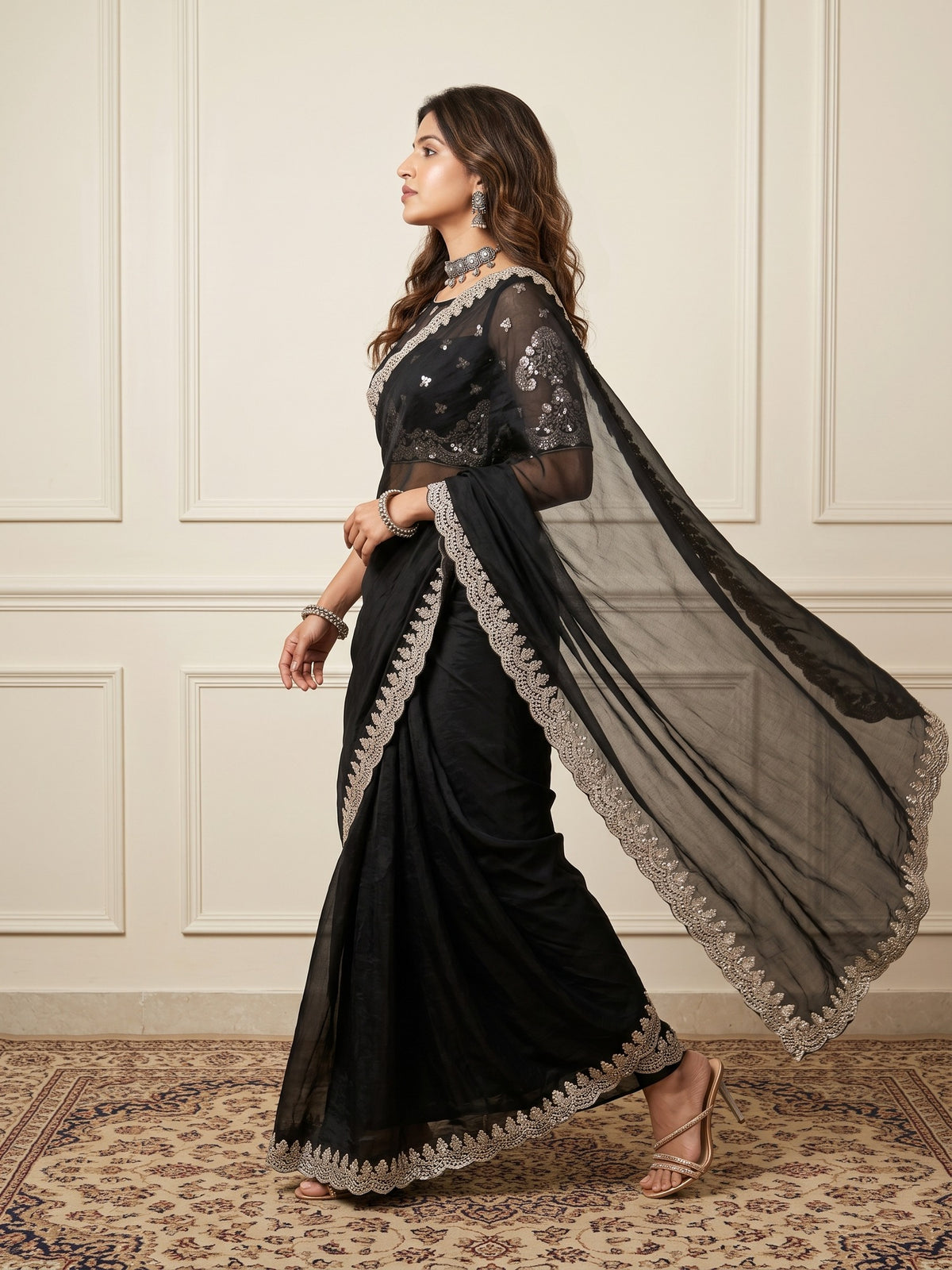 Black Satin saree – detail view 3