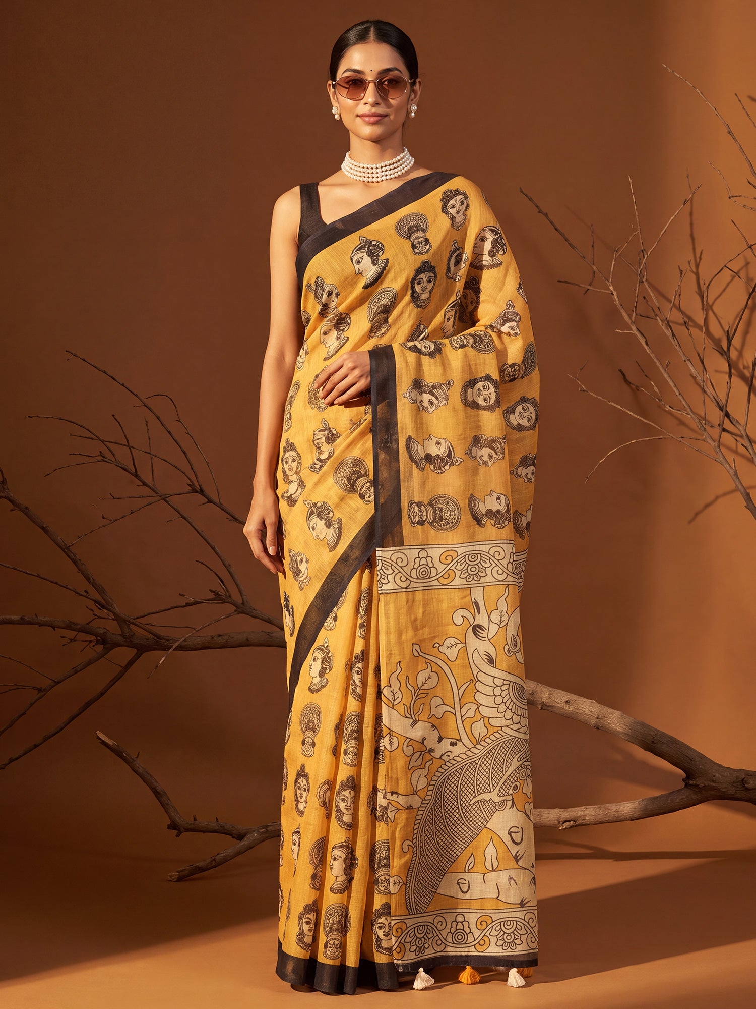 Mustard Cotton Linen saree – detail view 2