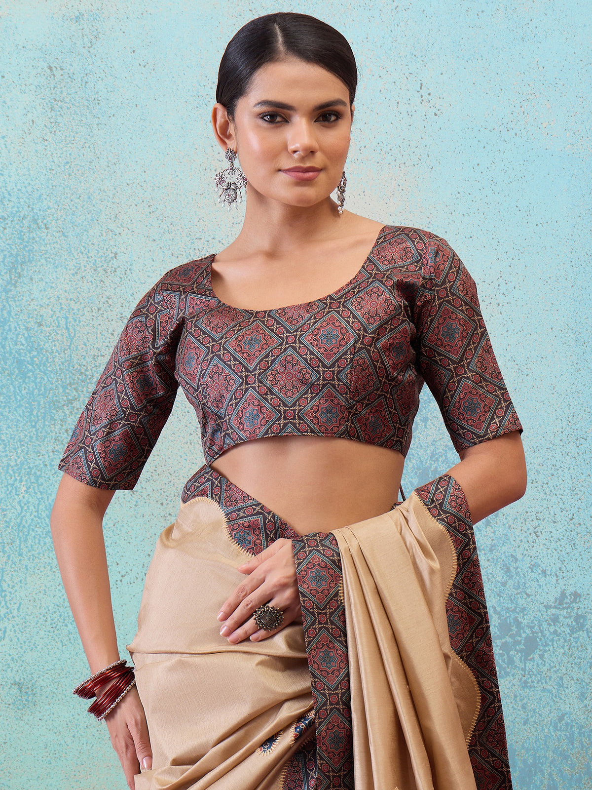 Light Brown silk blend saree view 1