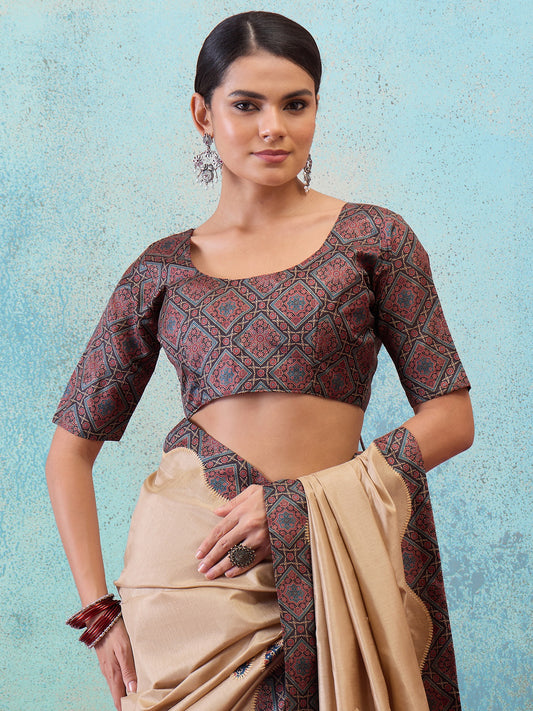 Light Brown silk blend saree view 1