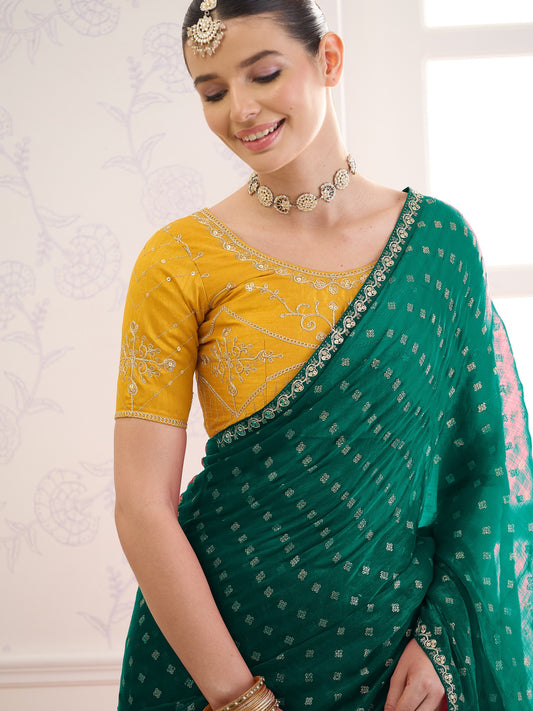 Teal Green chiffon saree view 1