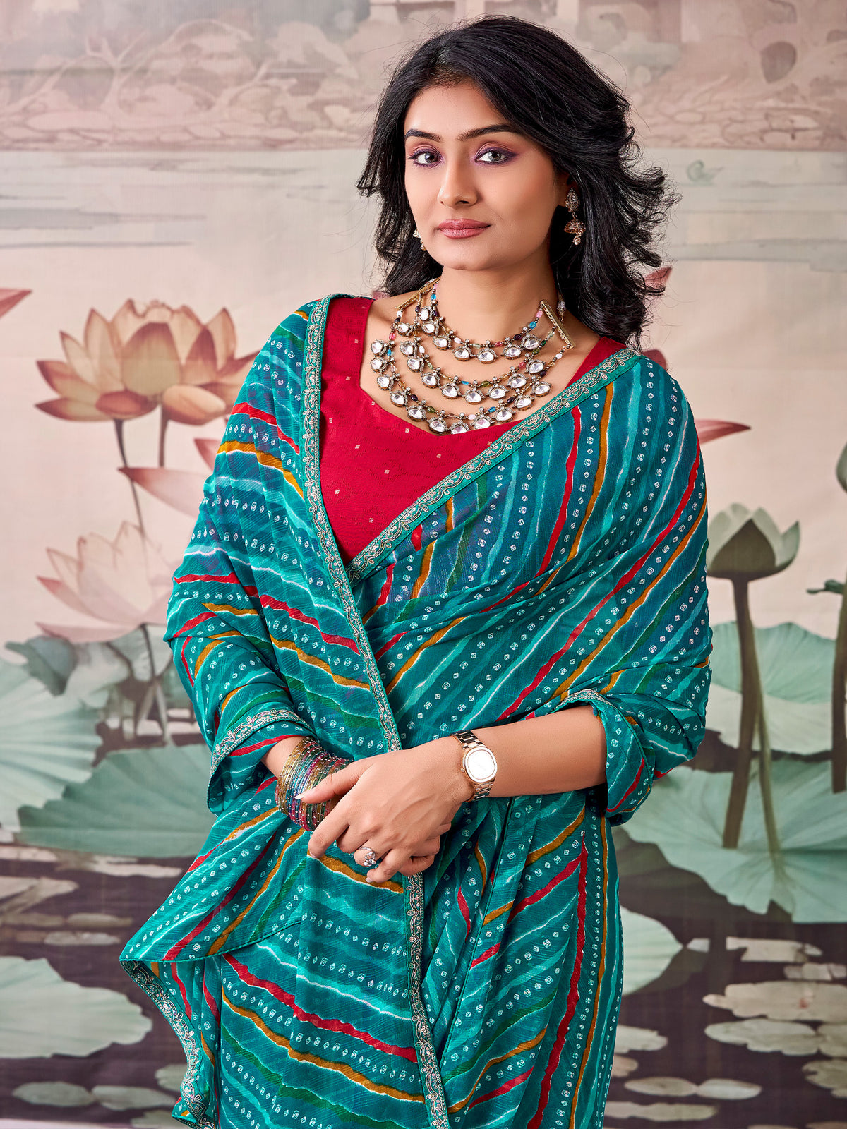 Teal Green Georgette saree – detail view 3