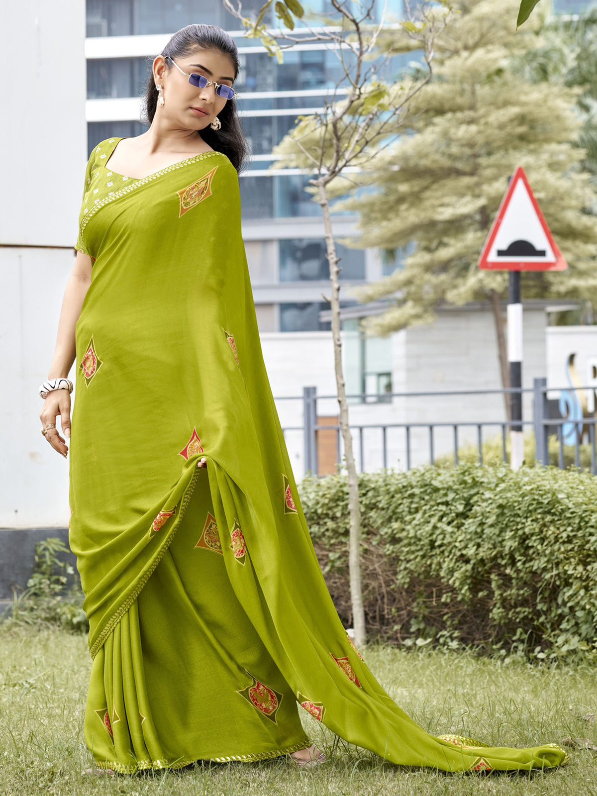 Olive chiffon saree view 1
