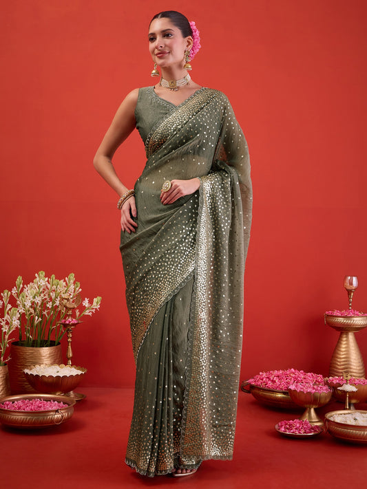 Olive embellished organza saree with olive blouse piece
