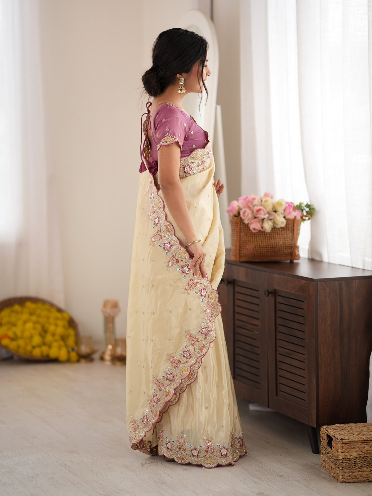 Off White Satin saree – detail view 2