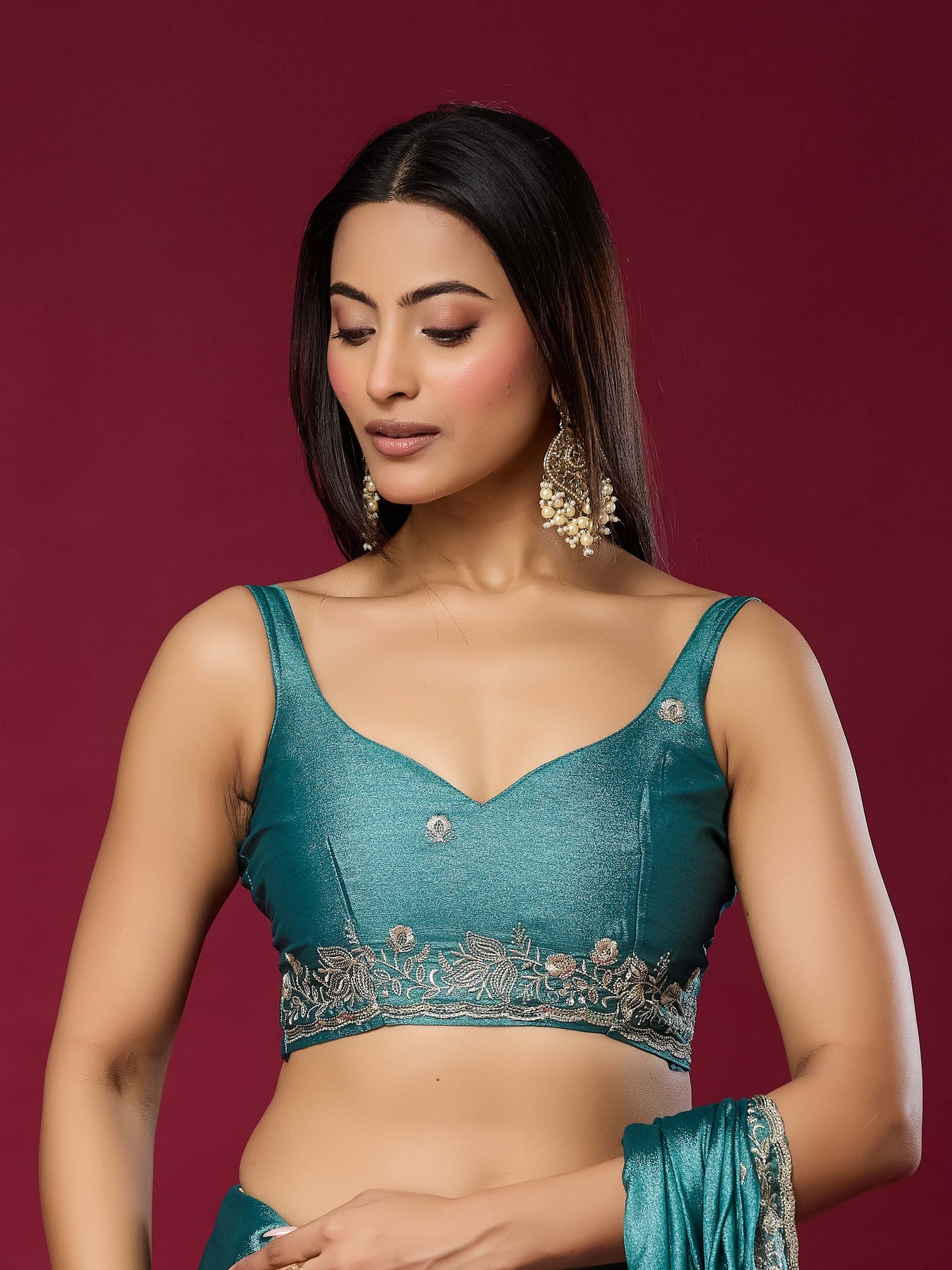 Teal Blue Chinnon saree – detail view 1