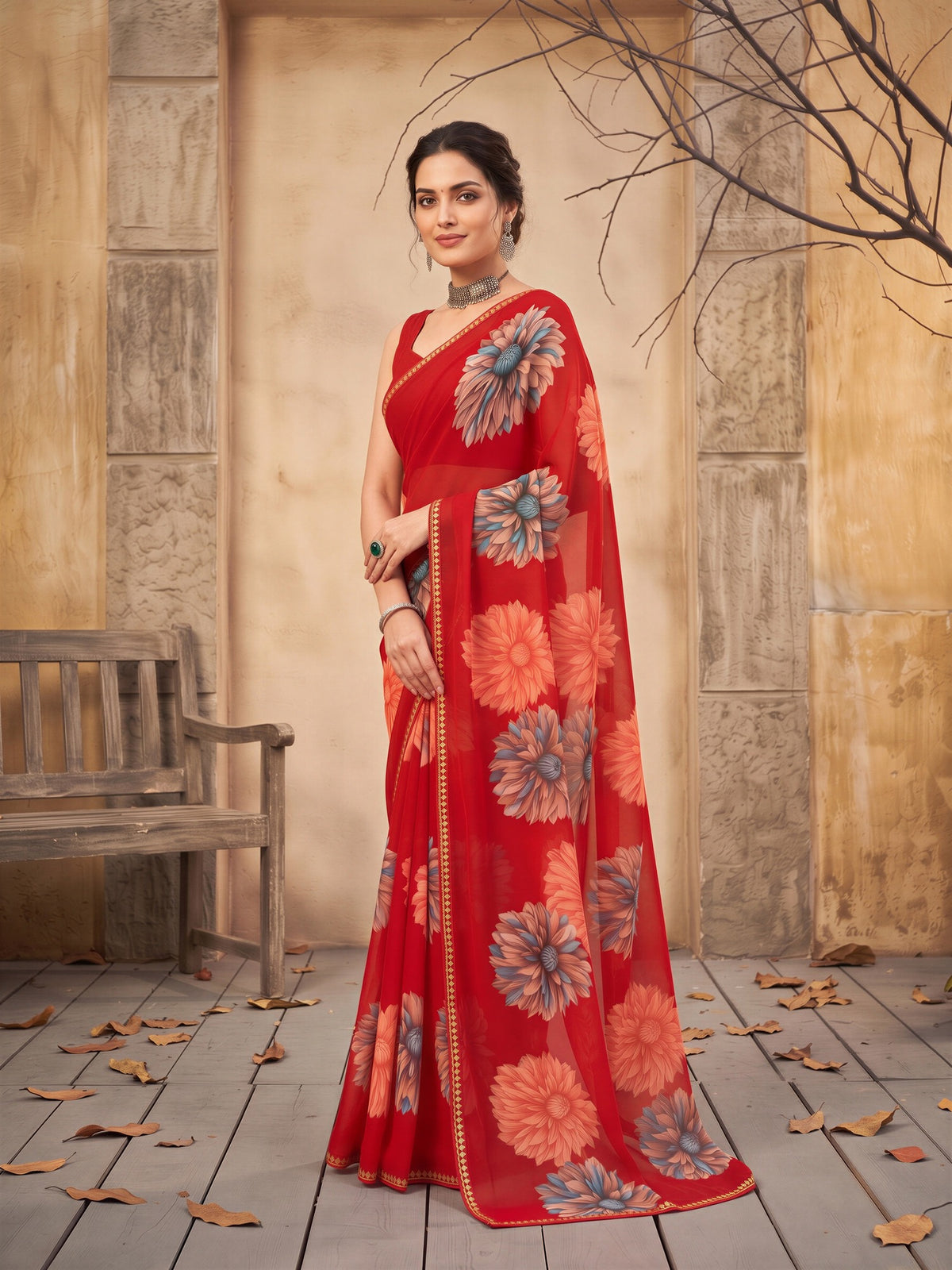 Red Georgette saree – detail view 2