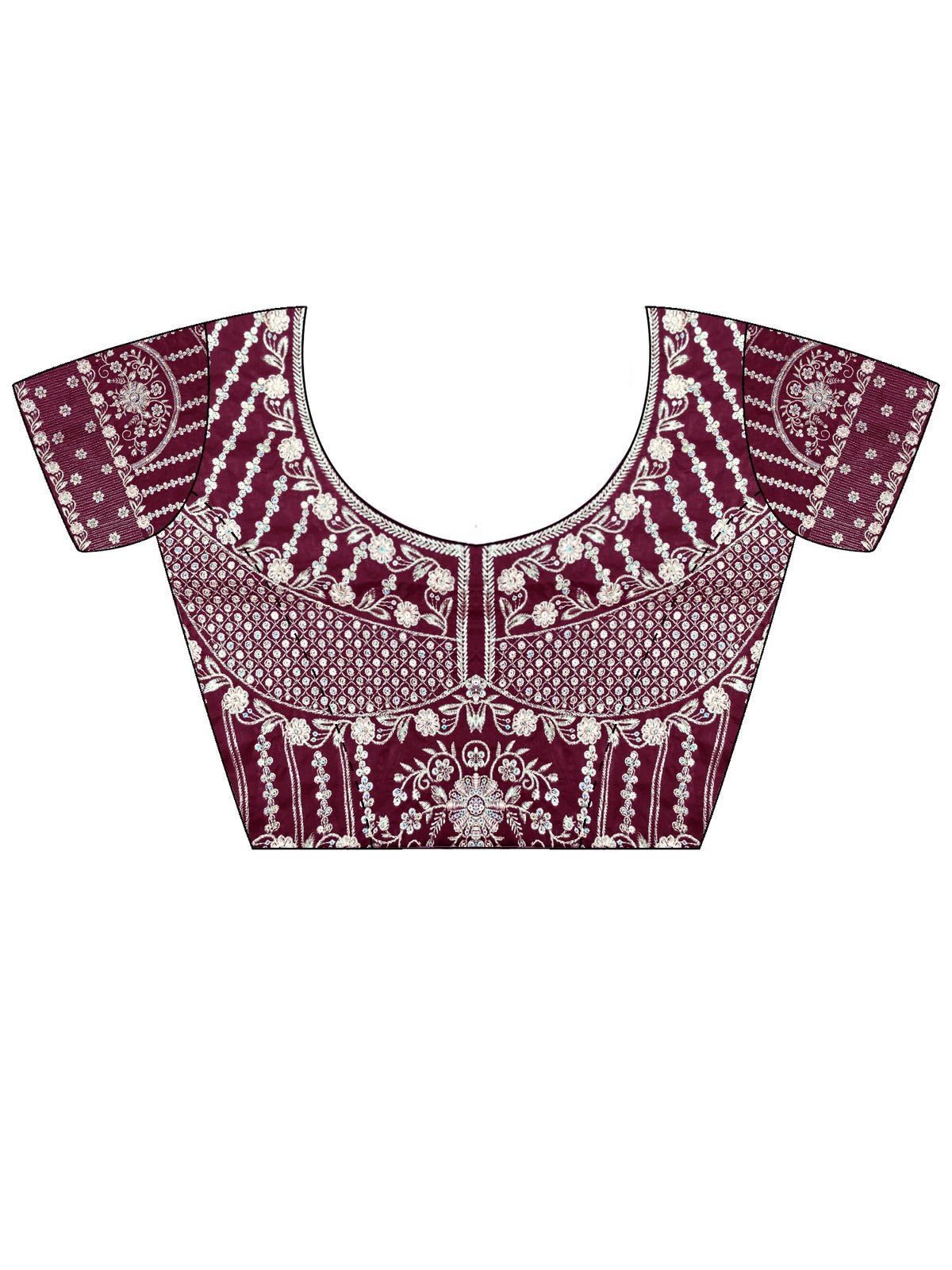 Unstitched wine silk blend blouse piece with embellished design