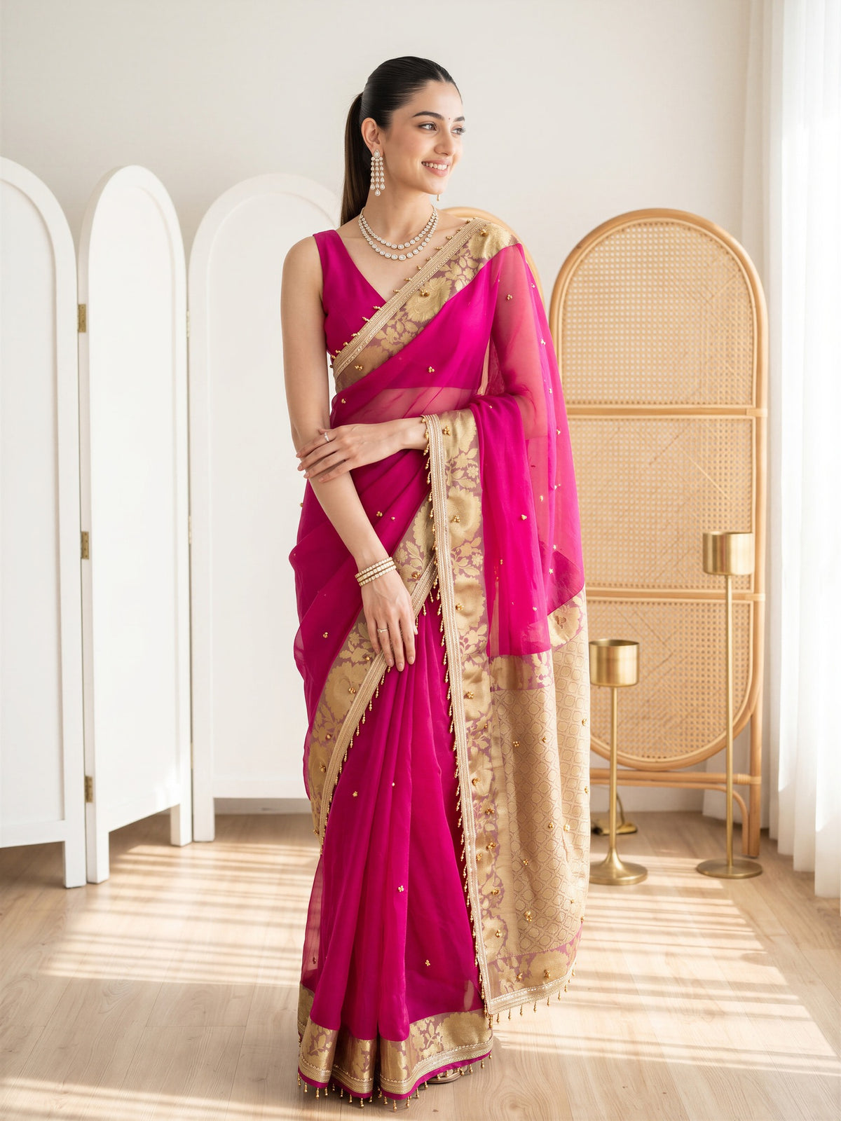 Woman wearing pink silk blend saree with traditional indian motif work and pink blouse