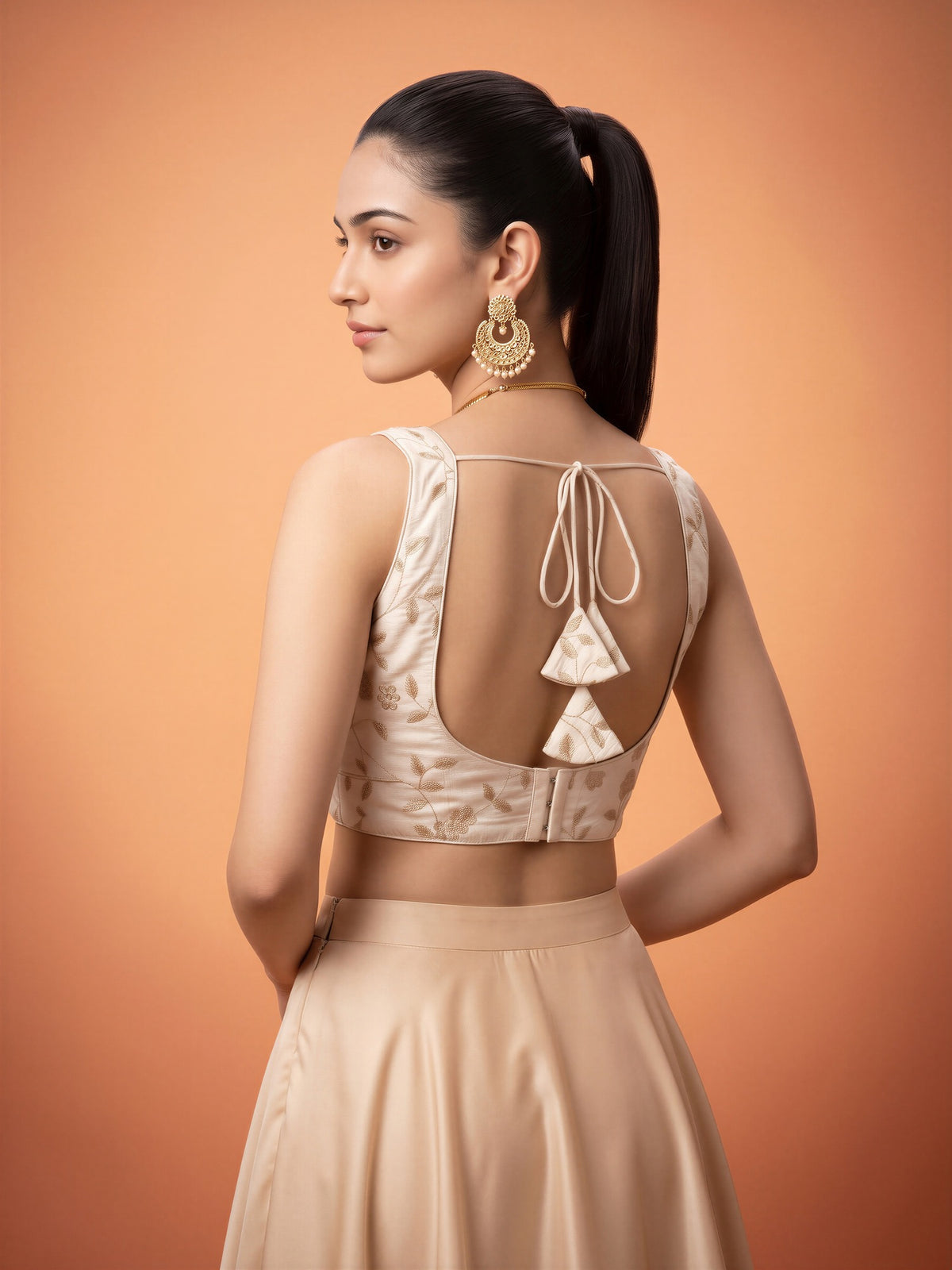 White sequin embellished silk blend sleeveless readymade saree blouse with v neck view 1