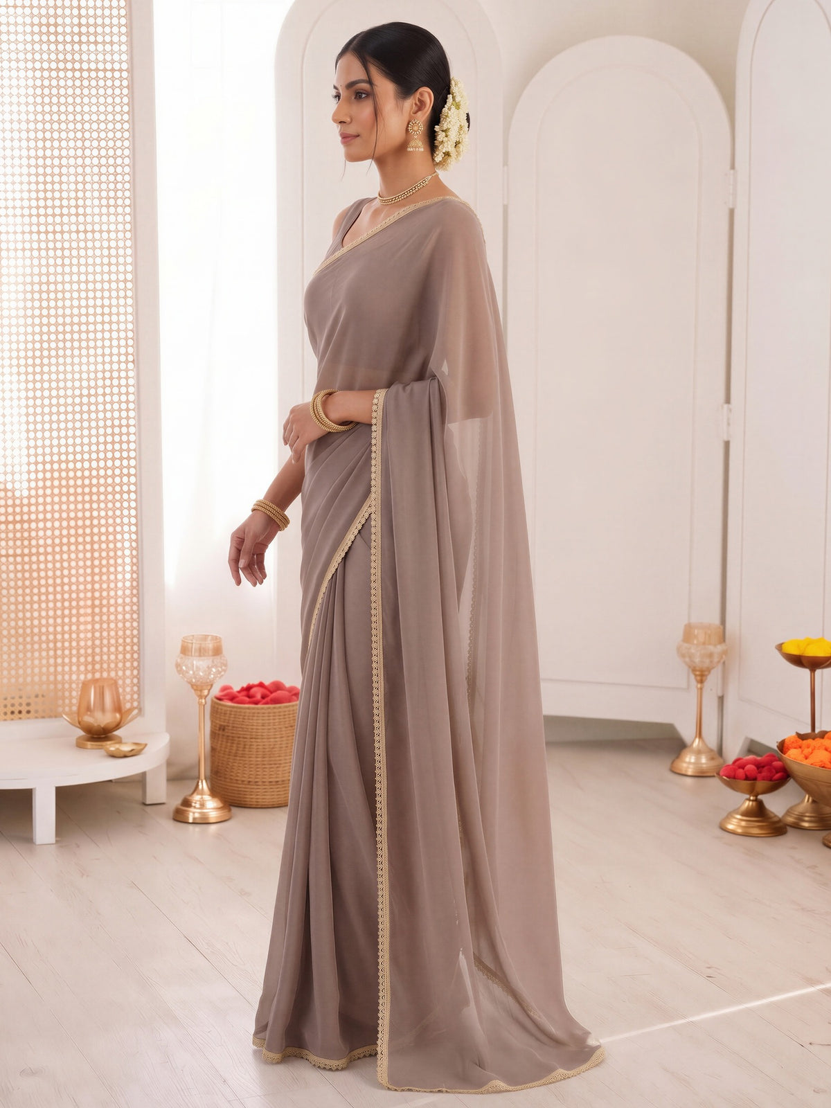 Grey satin silk saree view 2