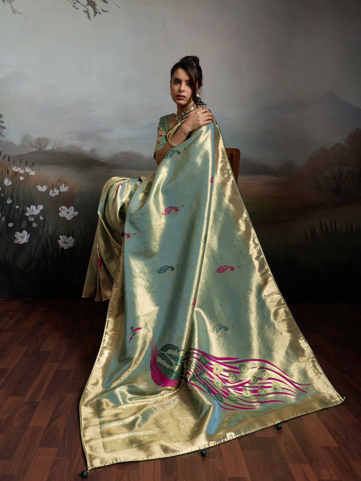 Teal Green Banarasi Silk saree – detail view 3