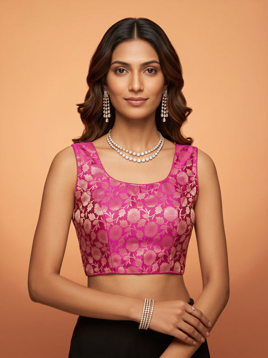 Magenta woven brocade silk blend sleeveless readymade saree blouse with round neck