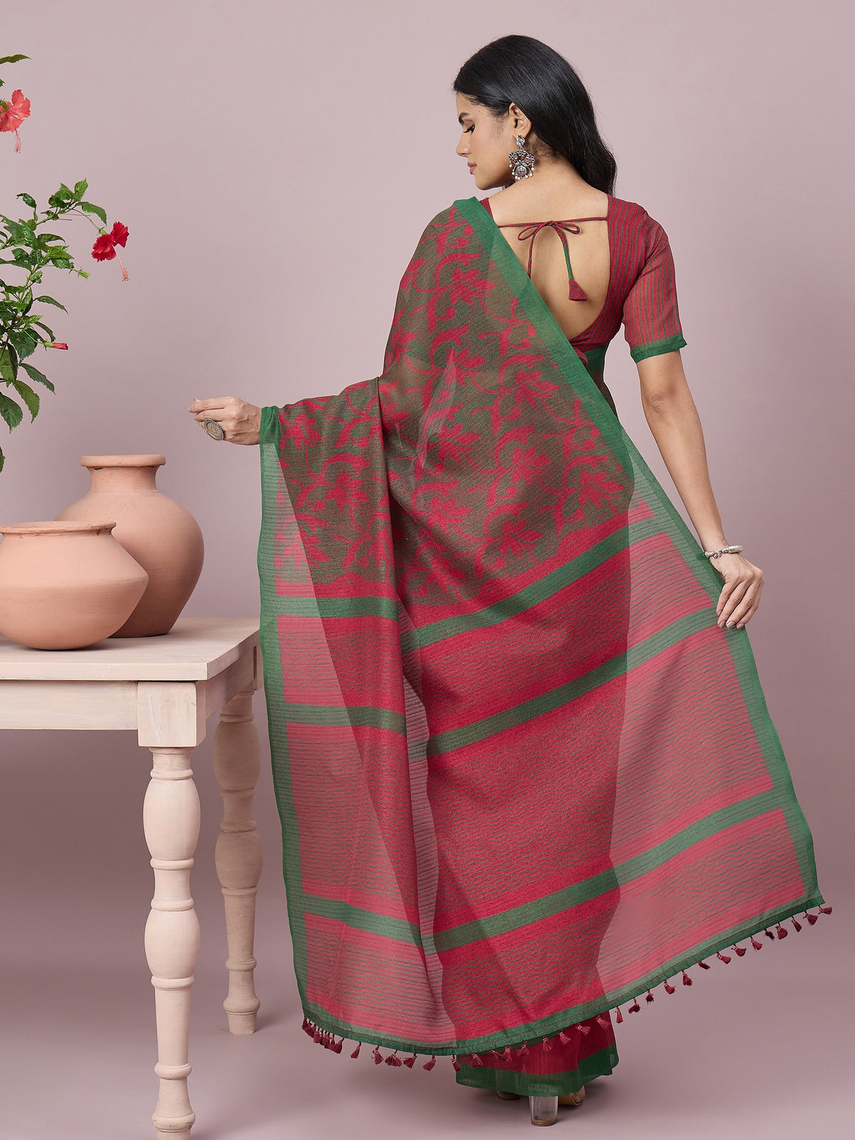 Green cotton slub saree view 2