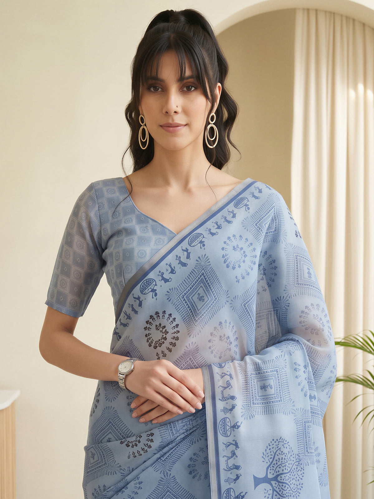 Light Blue Cotton Linen saree – detail view 4