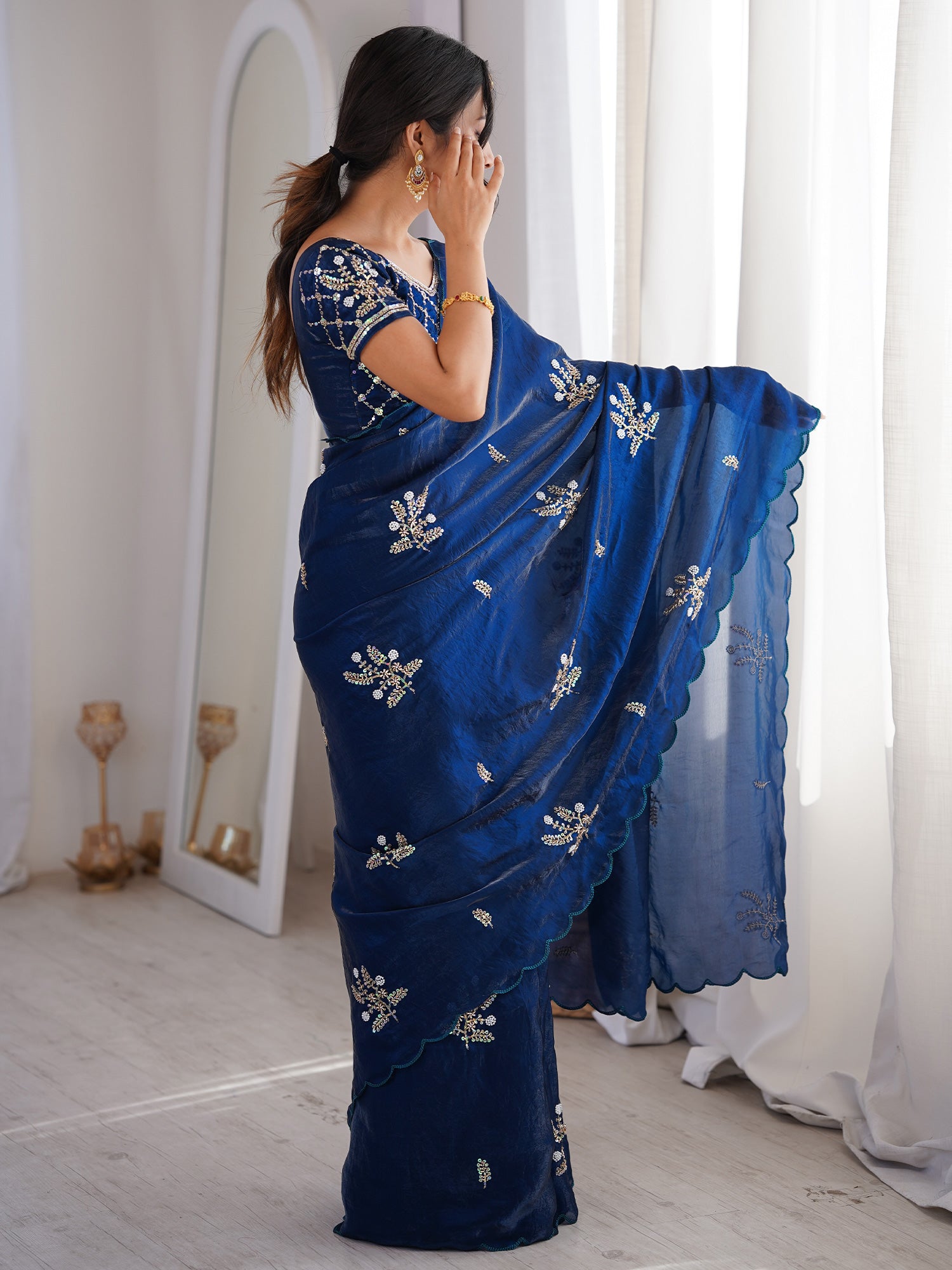 Navy Blue Satin saree – detail view 3