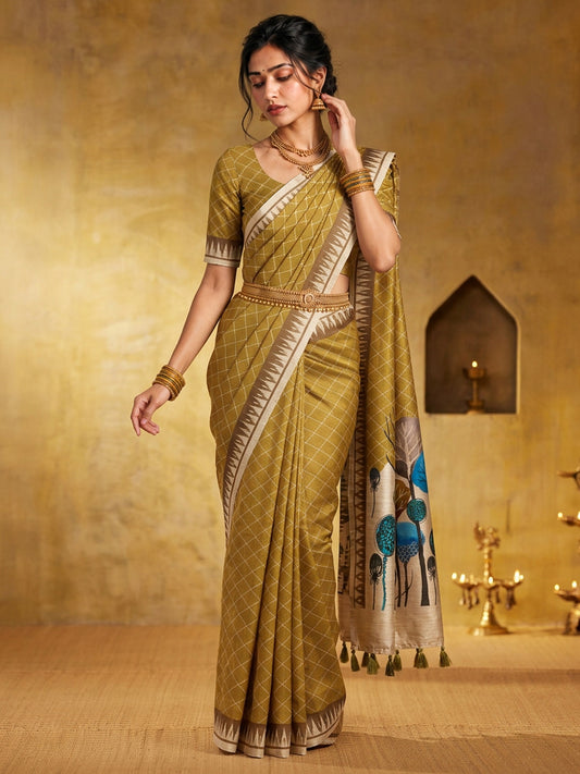 Olive geometric soft silk saree with olive blouse piece