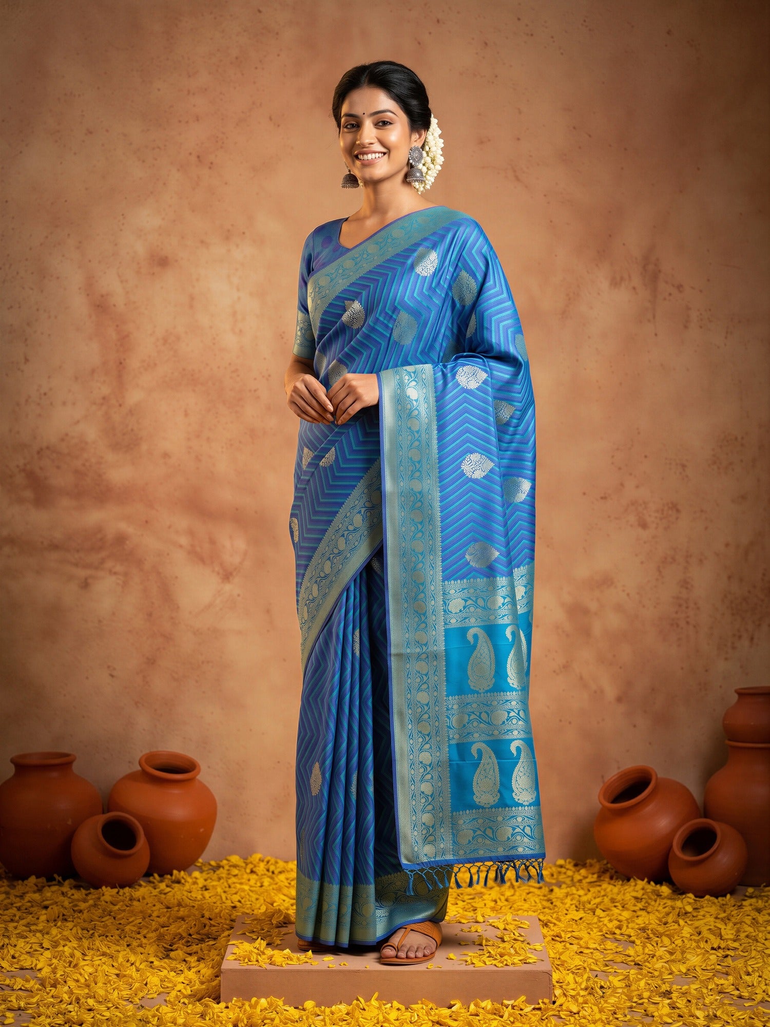 Woman wearing navy blue silk blend saree with geometric pattern design and navy blue blouse