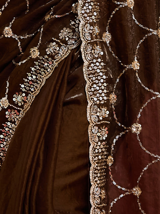 Brown Satin saree – detail view 1