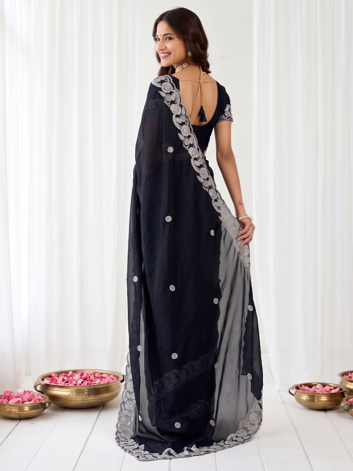 Black Satin saree – detail view 1