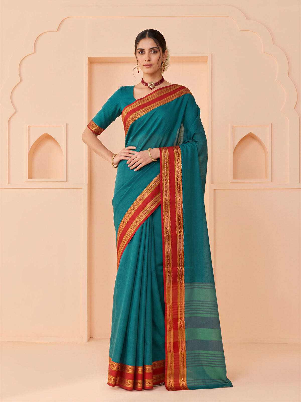 Teal Blue cotton blend saree view 4