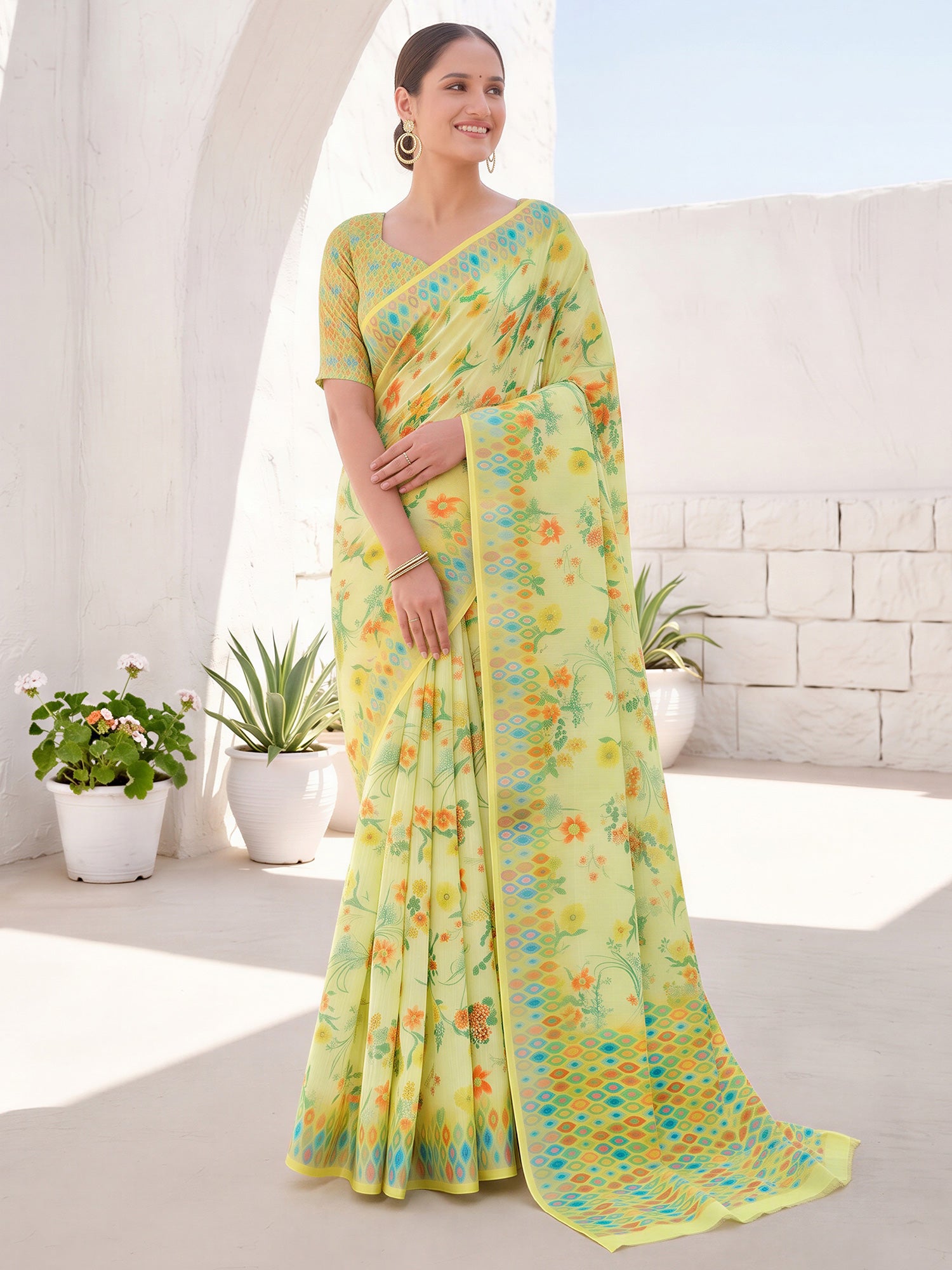 Woman wearing light green cotton linen saree with traditional indian motif work and light green blouse