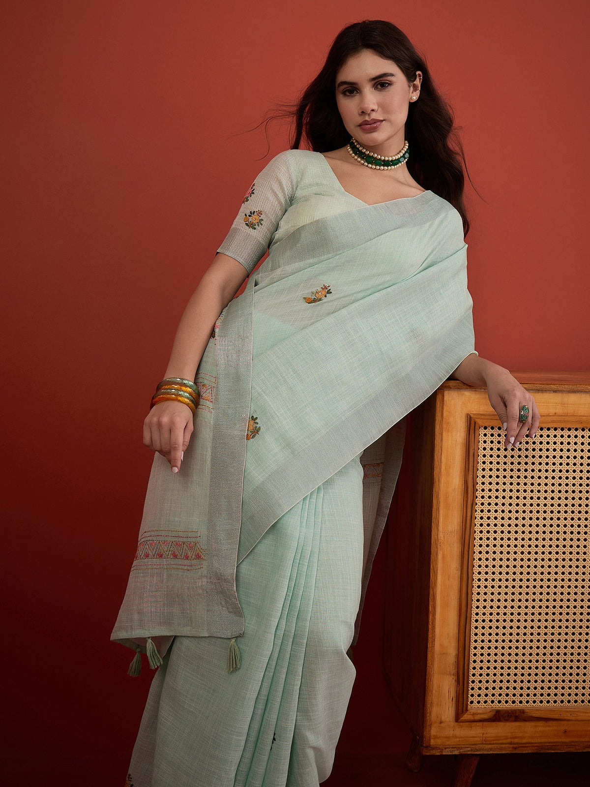 Light Blue linen blend saree view 5