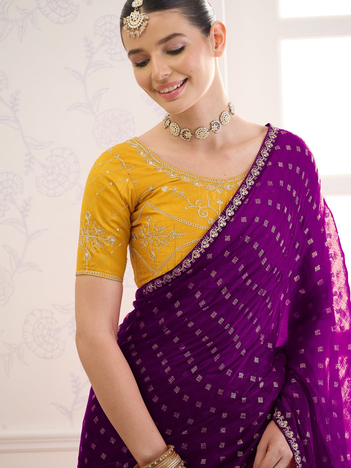 Purple chiffon saree view 1